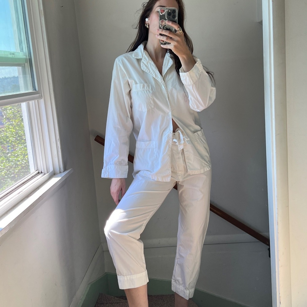 Vintage Christian Dior Pajama Set Small White Cotton Loungewear Sleepwear Co-ord